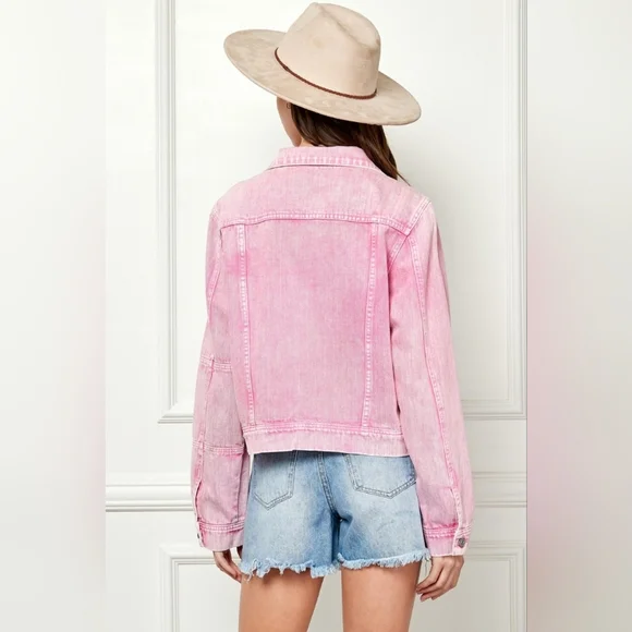 Classic Cropped Faded Pink Jean Denim Jacket Button Up Cotton Veveret - Picture 9 of 10